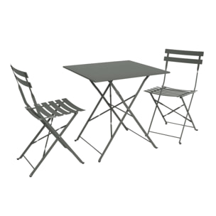 Table de jardin bistrot pliante métal + 2 assises kaki 70 x 70cm. acier thermolaqué
