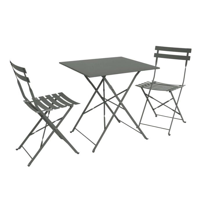 Table de jardin bistrot pliante métal + 2 assises kaki 70 x 70cm. acier thermolaqué