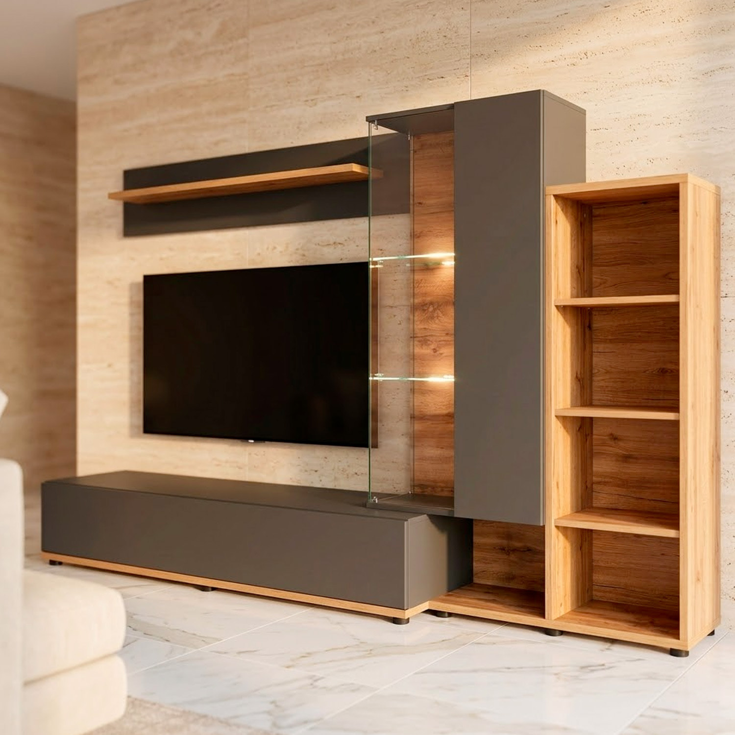 Parete Attrezzata Mobile TV Vetrina LED Living Mensola Vani Giorno Multifunzione Design Contemporaneo Arredo Casa 240 x 40 x 145 Cm Antracite Rovere