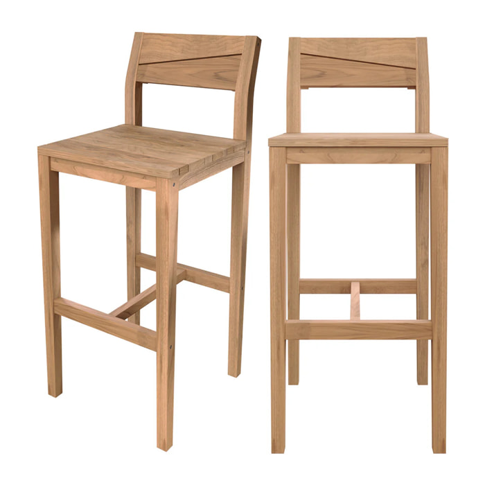 Lot de 2 chaises de bar extérieur 74 cm en bois de teck massif - Tunga