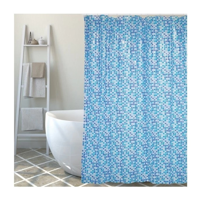 Rideau de douche PVC MOSAIQUE 180x200cm Bleu - Anneaux inclus MSV