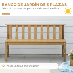 Banco de Jardín de 3 Plazas Banco Exterior de Madera con Respaldo de Listones para Terraza Patio Balcón Carga 360 kg 144x60x77 cm Natural