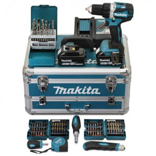 Perceuse visseuse 18V Ø13 mm - MAKITA - Avec 2 batteries LXT® 18V 5Ah + chargeur rapide + Coffret alu avec tiroir 96 accessoires - DDF484RTX6