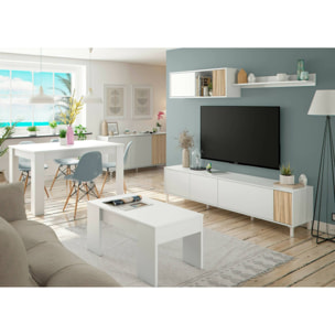 Mobile porta TV Woonsocket, Armadietto soggiorno con ante, Armadio pensile con mensola, Credenza multiuso, 200x40h47 cm, Bianco e Rovere