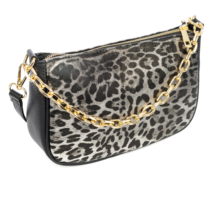 Avella bolso bandolera mujer, de piel auténtica Gamuza lacada con estampado de animal print leopardo, Dollaro.