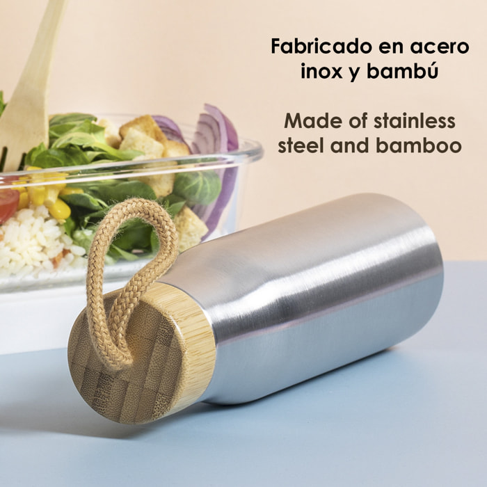 Dropun bottiglia Nature 600ml. Corpo in acciaio inossidabile e tappo in bambù con cintura di trasporto. Senza BPA.