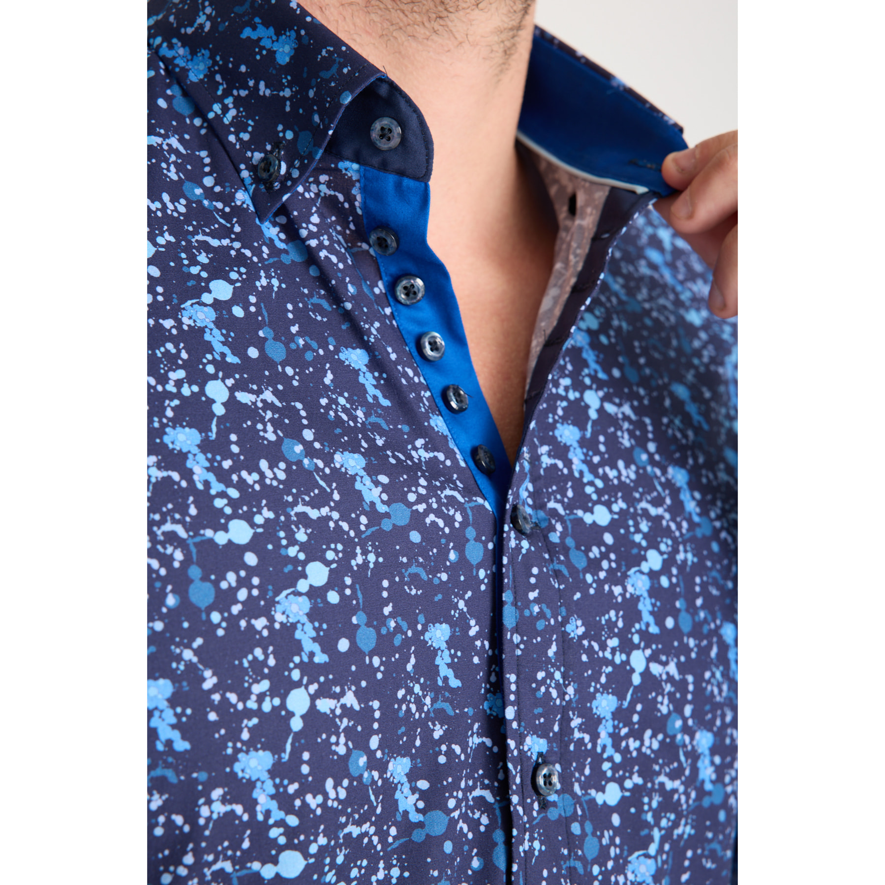 Camicia Uomo 1 Bottoni Button Down Slim Popeline Stretch Stampato Blu/Blu Avion
