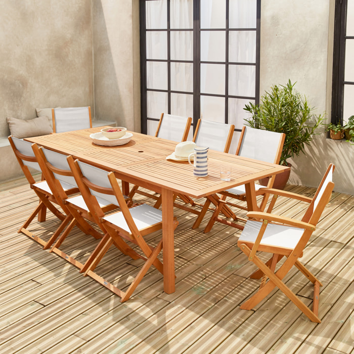 Table de jardin extensible bois d'eucalyptus + 8 assises en bois d'Eucalyptus huilé et textilène blanc