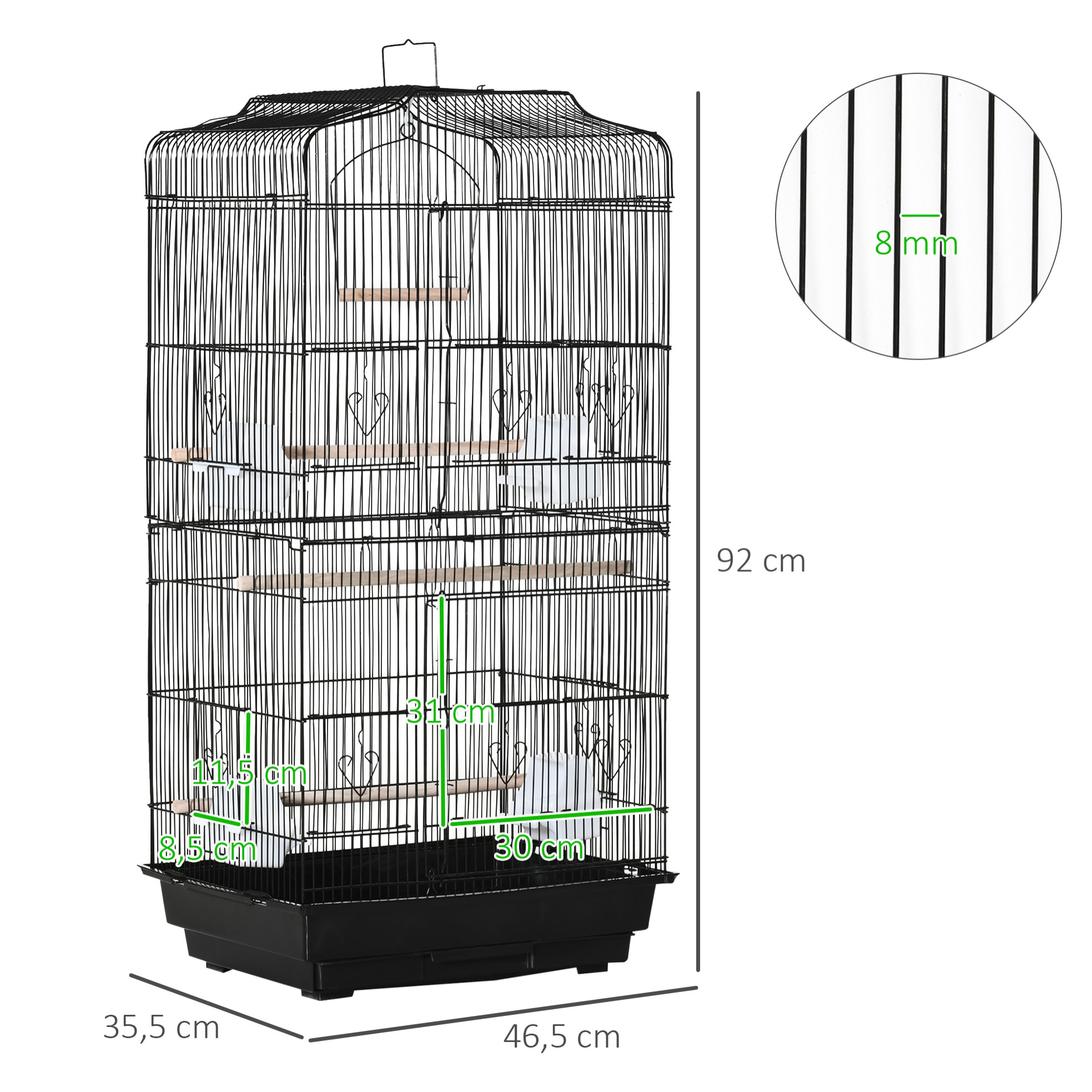 Jaula para Pájaros 46,5x35,5x92 cm Pajarera de Metal con Puertas 4 Comederos 3 Perchas Columpio Bandeja Extraíble y Asa de Transporte para Loro Canario Periquito Negro