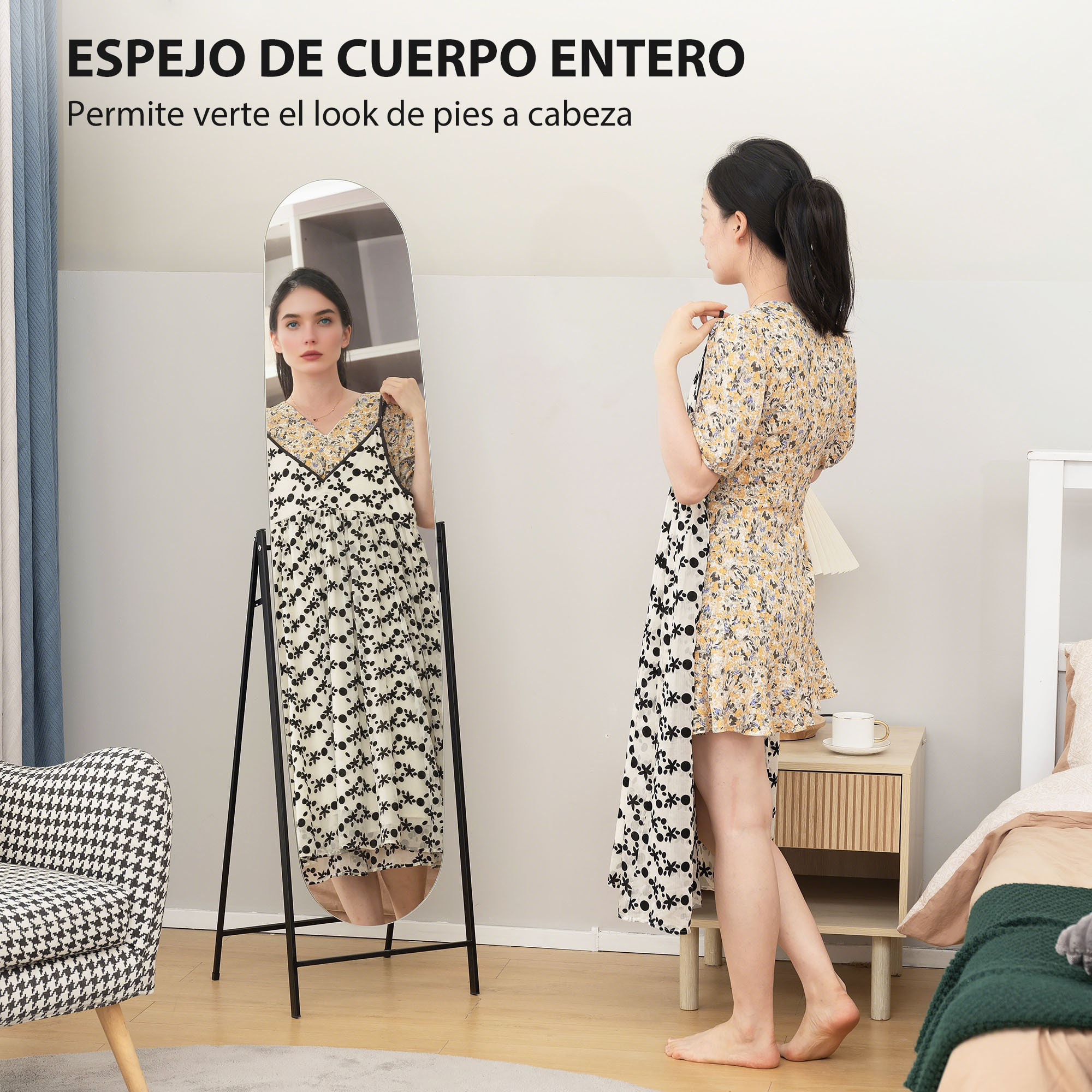 Espejo de Cuerpo Entero Arqueado 160x40 cm, Espejo de Pie o Apoyado en la Pared, sin Marco, Soporte de Metal, para Salón, Dormitorio, Vestidor y Entrada, Negro