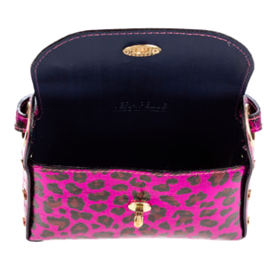 Aquileia bolso de mano mujer. Piel auténtica Gamuza con estampado animal print leopardo lacada brillante.