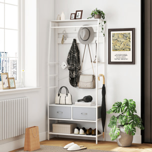 Perchero Zapatero Perchero Entrada Recibidor con Zapatero 8 Ganchos 2 Cajones de Tela Barra Estante de Malla Estilo Industrial para Pasillo Dormitorio Salón 80x30x180,5 cm Blanco