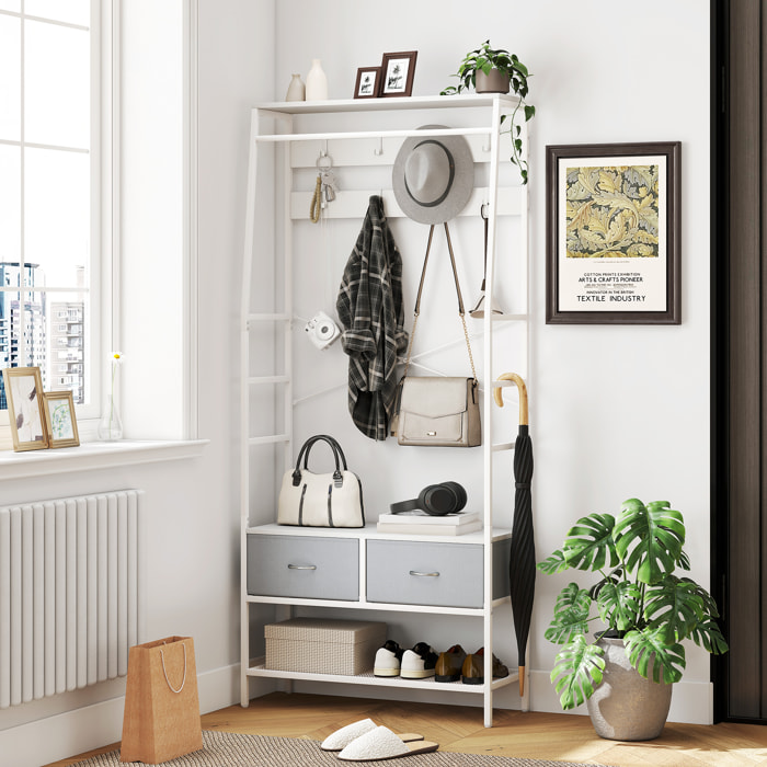 Perchero Zapatero Perchero Entrada Recibidor con Zapatero 8 Ganchos 2 Cajones de Tela Barra Estante de Malla Estilo Industrial para Pasillo Dormitorio Salón 80x30x180,5 cm Blanco