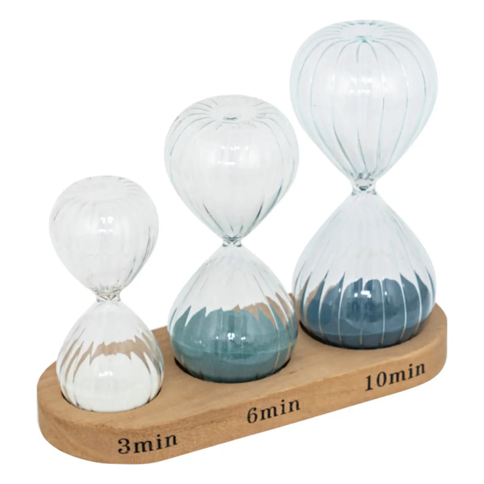 Set 3 sabliers H.15cm verre avec plateau bois