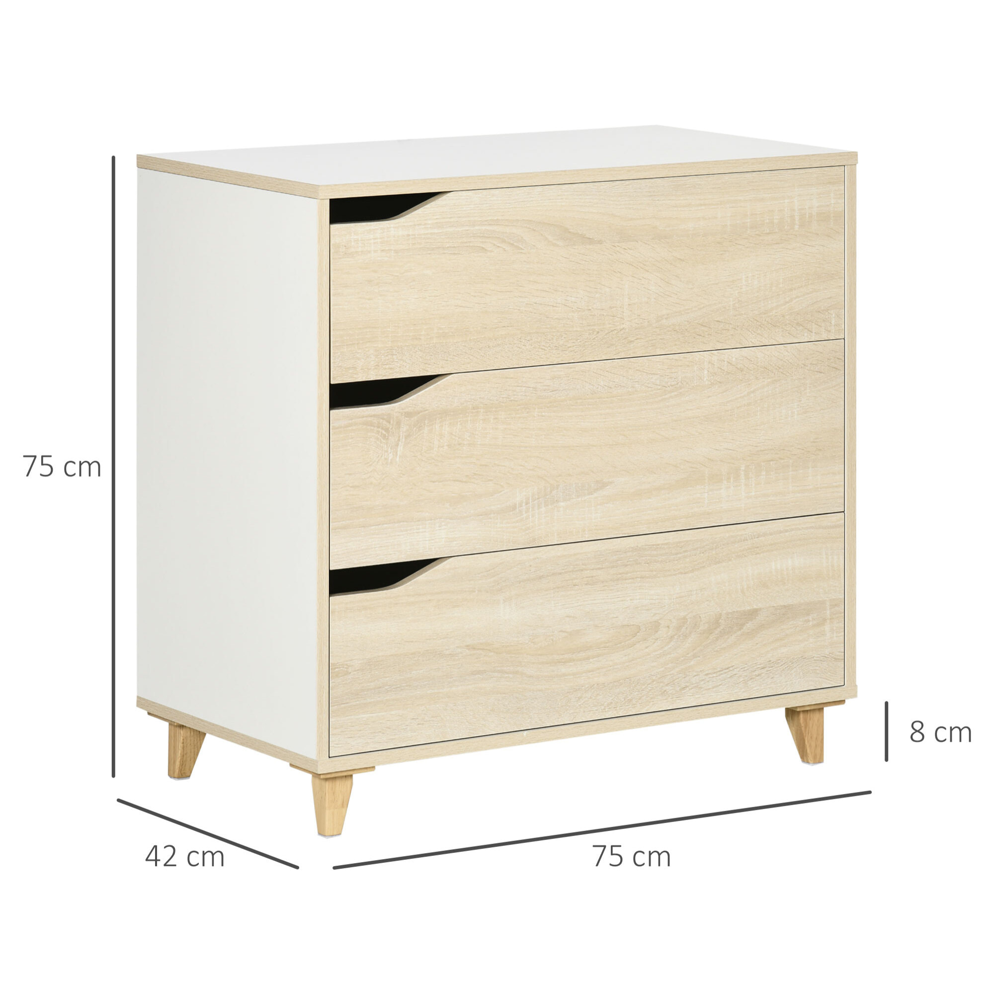 Commode design scandinave 3 tiroirs piètement effilé panneaux MDF blanc aspect bois clair