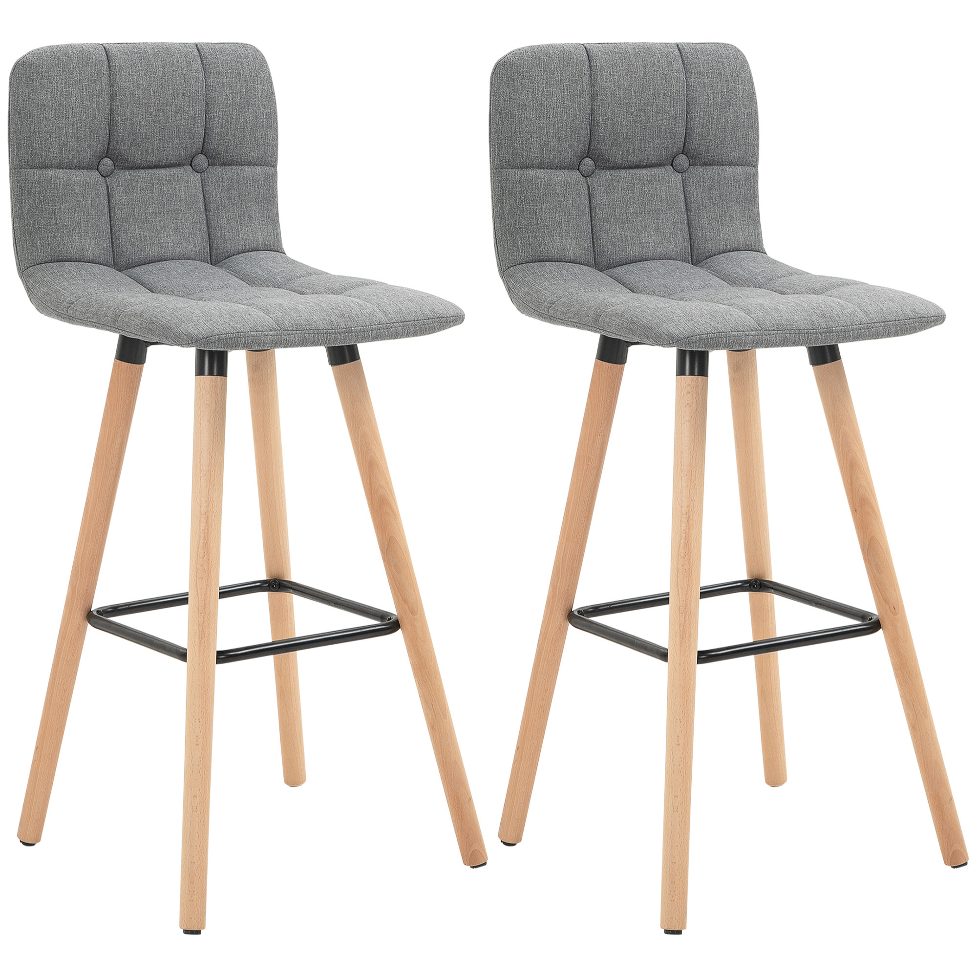 Lot de 2 tabourets de bar style scandinave effet capitonné - chaises de bar - bois effet lin gris