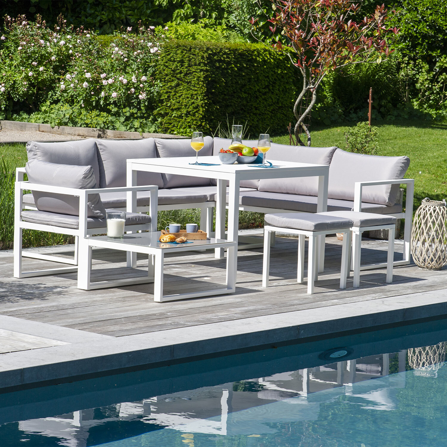 Salon de jardin modulable IBIZA en tissu gris 7 places - aluminium blanc