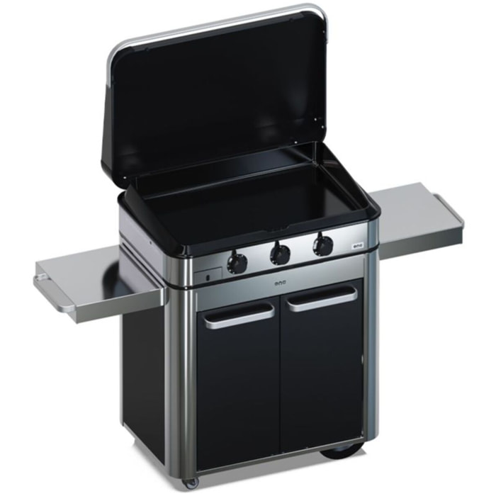 Plancha gaz ENO Combo Enosign 80 Inox et Noir 3 brûleurs sur chariot, 69x40 cm