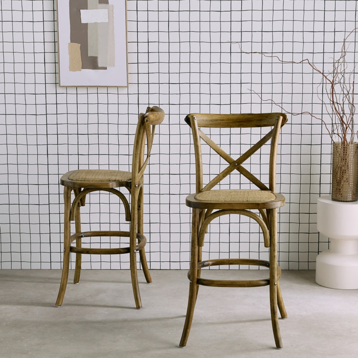 Lot de 2 tabourets de bar bistrot vintage en bois marron vieilli avec repose-pieds