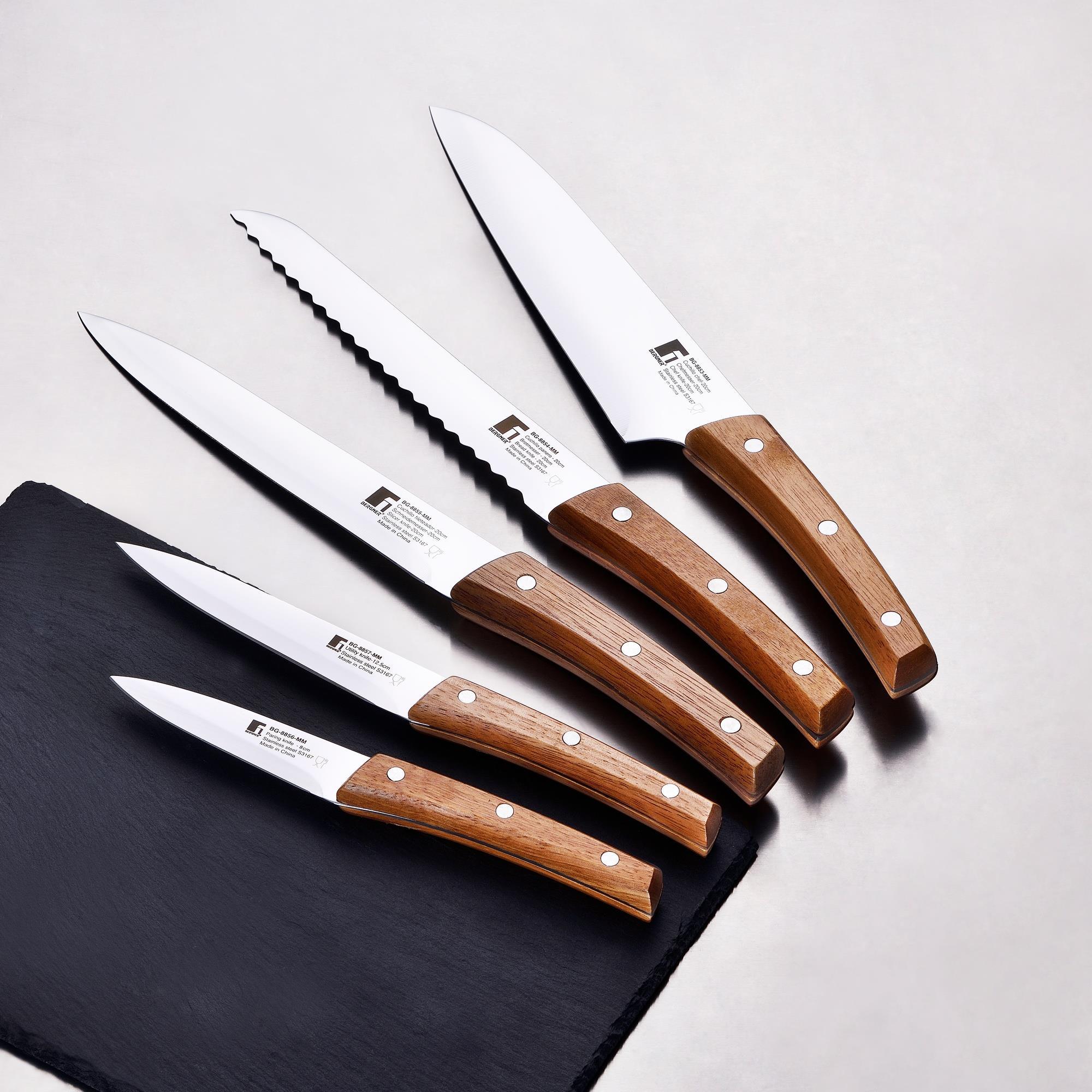 Juego de 11 Cuhillos + Tijeras en acero inoxidable + Tacoma de madera Nature Bergner