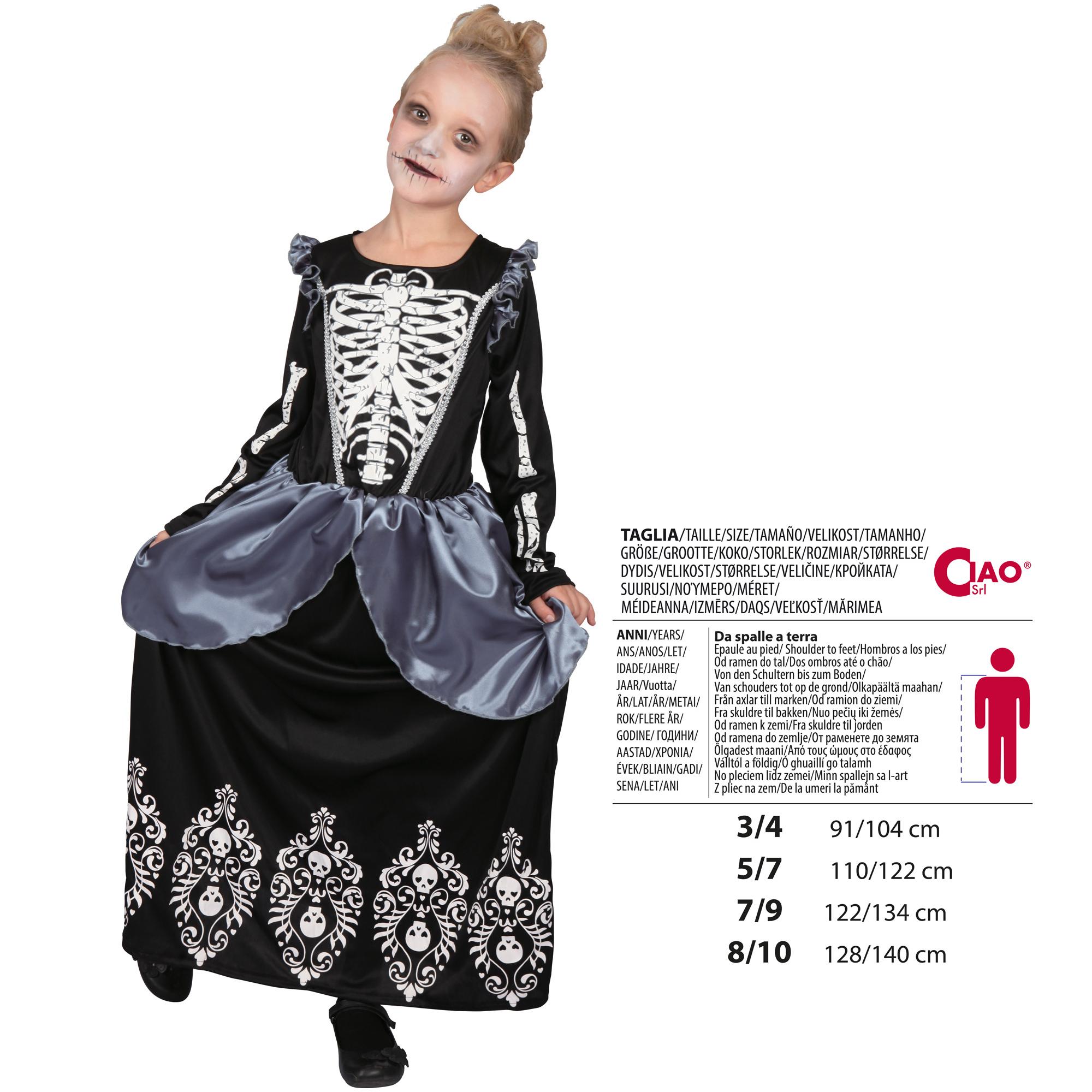 Strega Regina Degli Scheletri Costume Halloween Nero Bambina