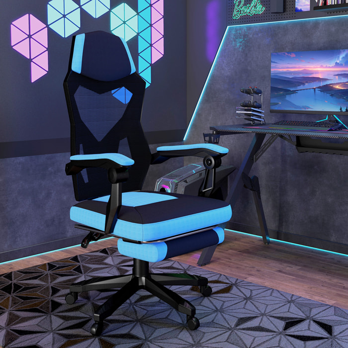 Silla Gaming Giratoria de Malla, Silla Gamer con Reposapiés Retráctil, Respaldo Reclinable y Alto, Altura Ajustable, Reposabrazos Acolchados, Azul
