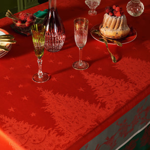 Nappe anti tache pur coton jacquard Cadeaux de noel rouge