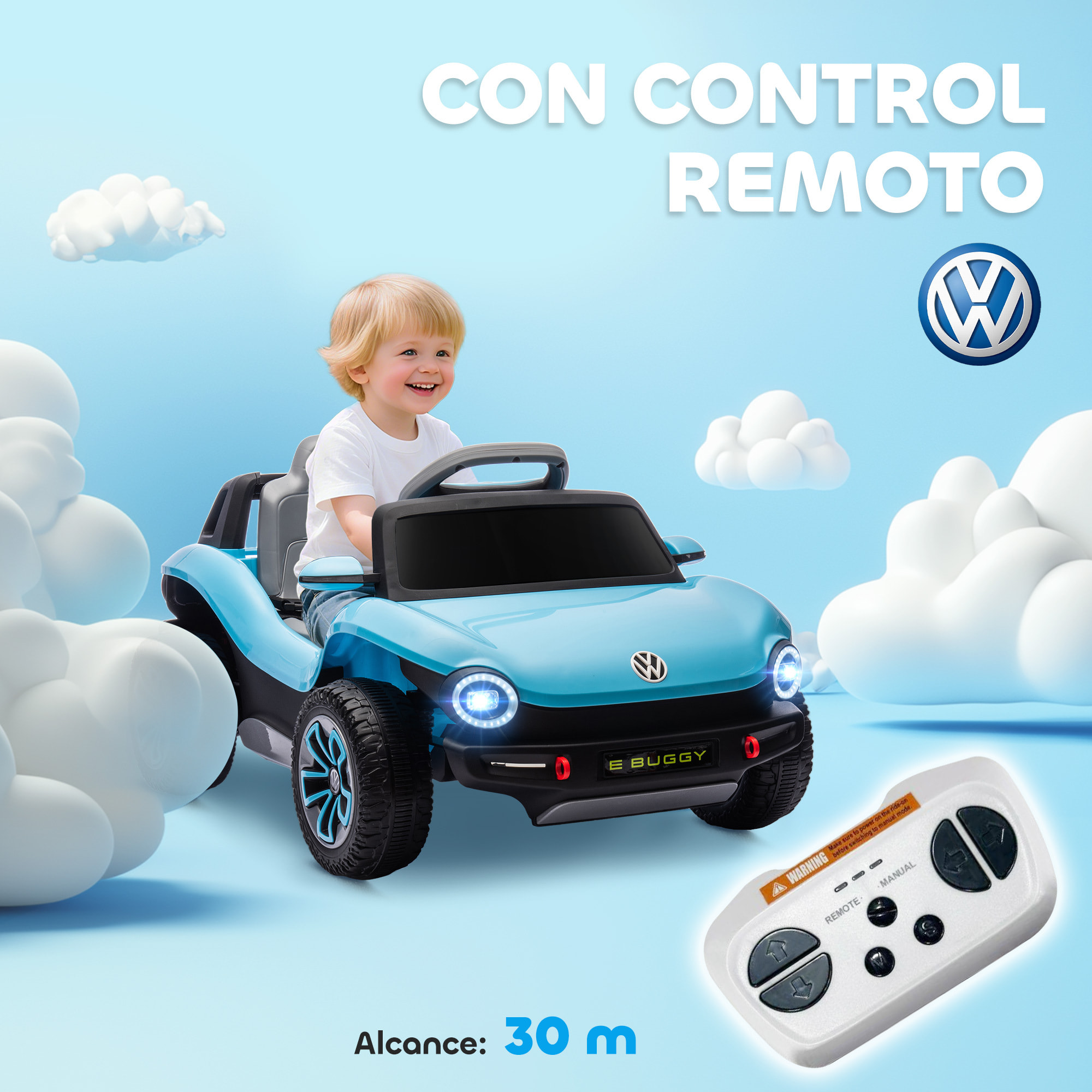 Coche Eléctrico para Niños de +3 Años, Volkswagen E-Buggy, Coche de Batería 12V, con Mando a Distancia 2,4 G, Ruedas con Suspensión, Faros LED, Música, USB, Motor Doble, Azul