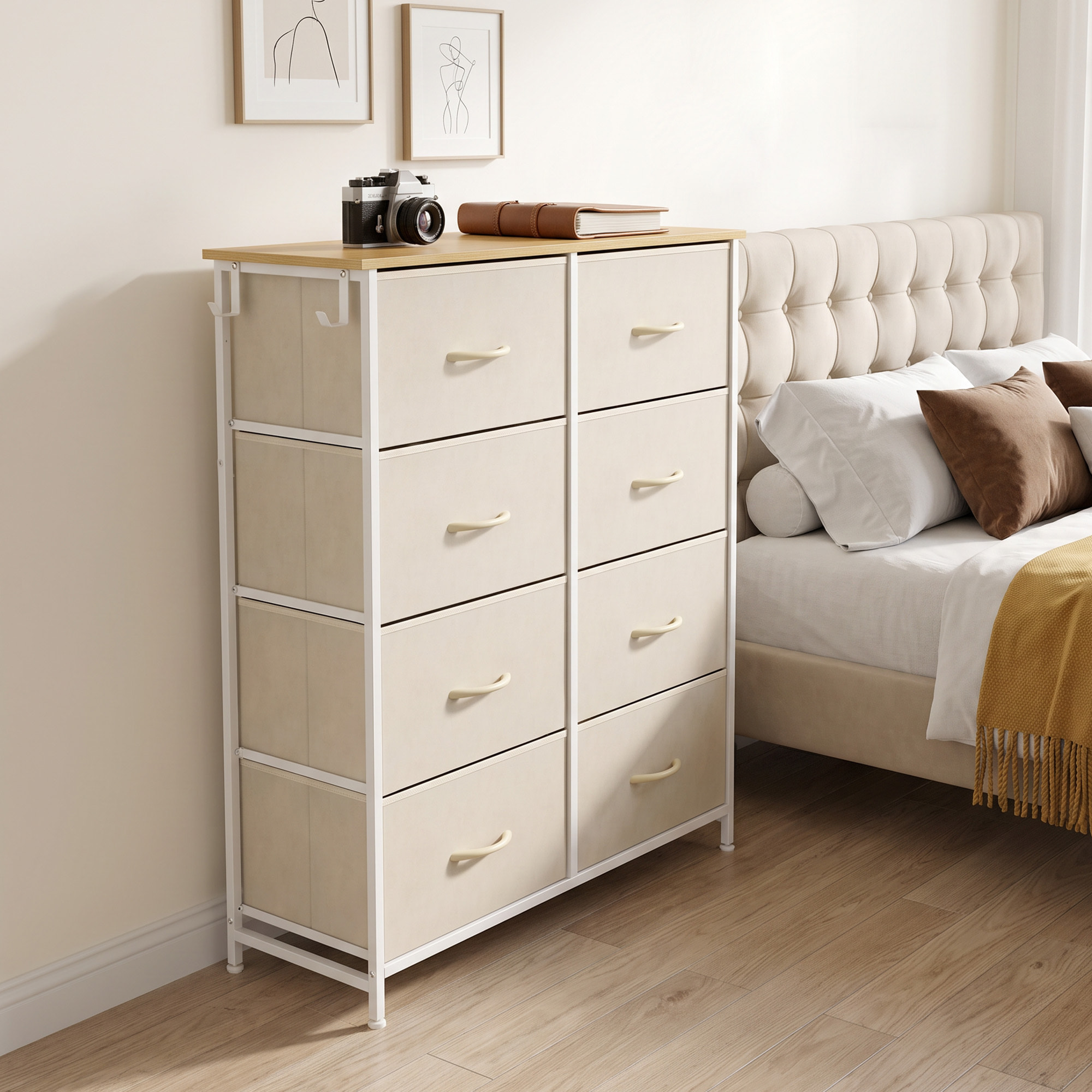 Cajonera de Tela Alta Cómoda con 8 Cajones 4 Bolsillos Laterales 2 Ganchos y Estructura de Acero Cómoda para Dormitorio Sala de Estar Pasillo Beige