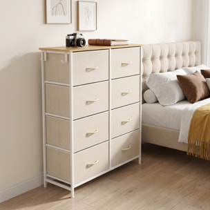 Cajonera de Tela Alta Cómoda con 8 Cajones 4 Bolsillos Laterales 2 Ganchos y Estructura de Acero Cómoda para Dormitorio Sala de Estar Pasillo Beige