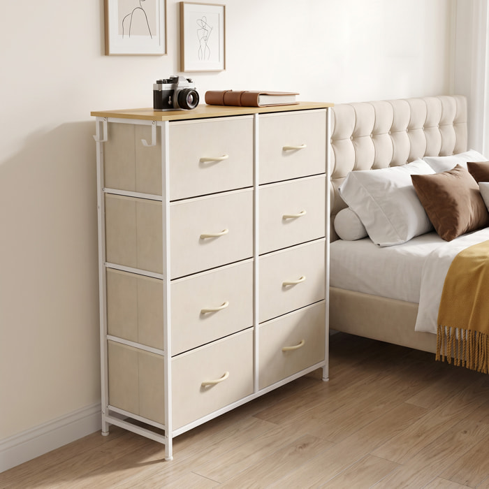 Cajonera de Tela Alta Cómoda con 8 Cajones 4 Bolsillos Laterales 2 Ganchos y Estructura de Acero Cómoda para Dormitorio Sala de Estar Pasillo Beige