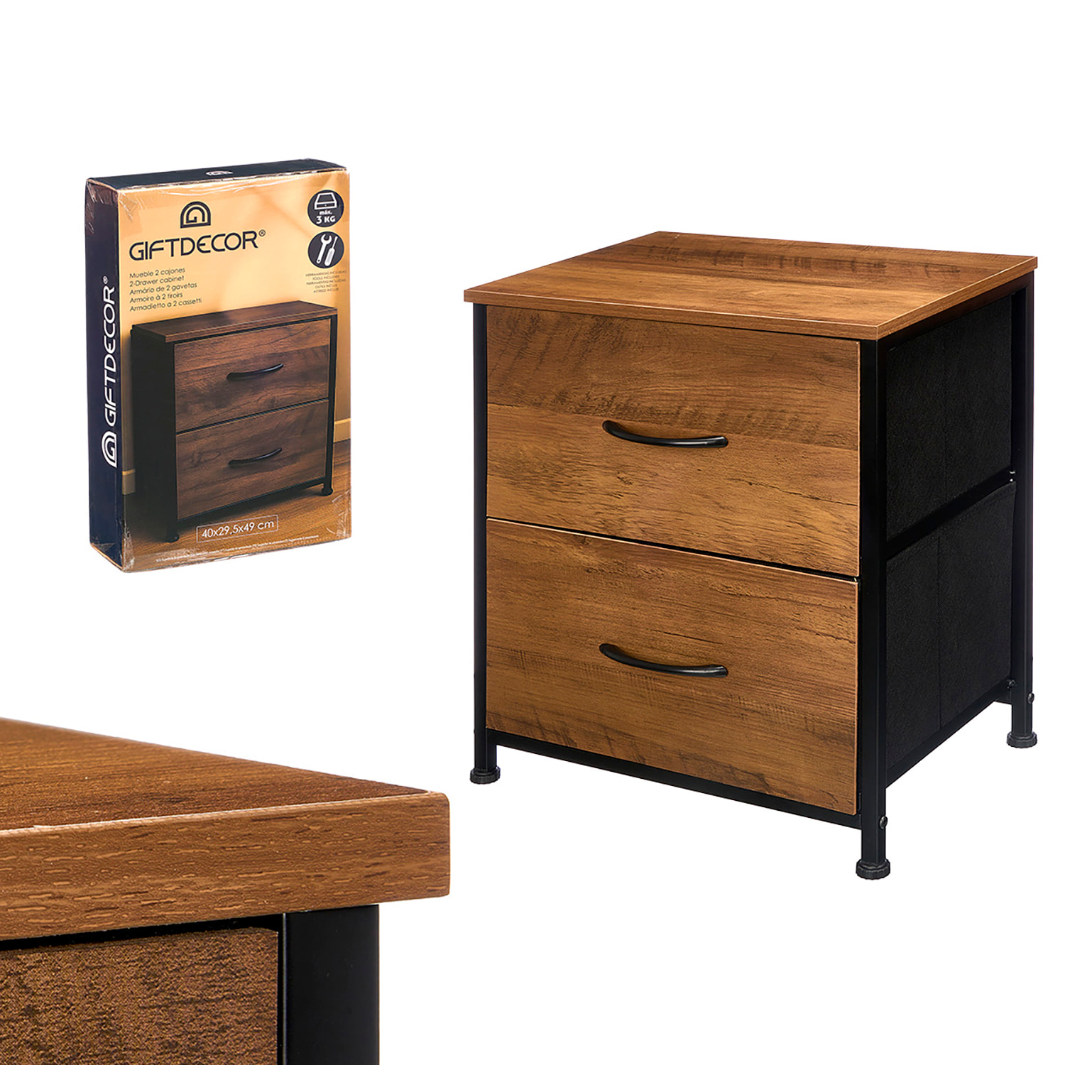 Cajonera de metal y madera con 2 cajones.