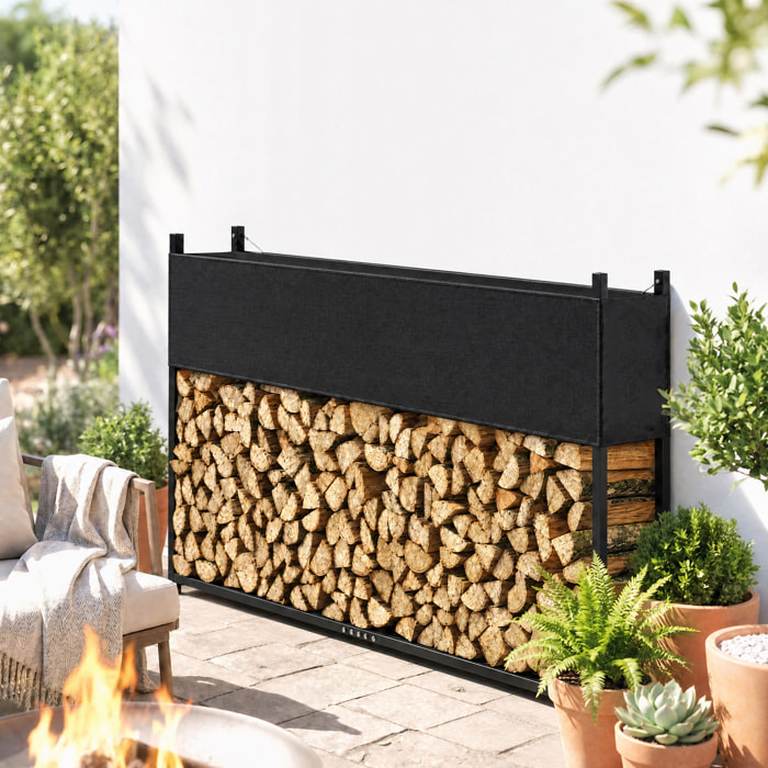 Outsunny Estante de Leña con Funda Oxford 600D y Cables, Leñero Exterior de Acero Galvanizado Robusto, Carga 500 kg, para Interior y Exterior, Jardín, Terraza, 202x25x113 cm, Negro