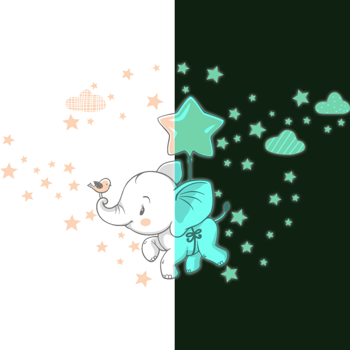 Sticker phosphorescent lumineux - ÉLÉPHANTS JOYEUX DANS LES NUAGES + 120 ÉTOILES