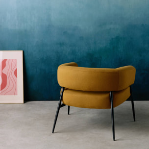 Fauteuil tissu moutarde dossier incurvé piétement métal L 81.5 x P 72.5 x H 69 cm - Cristo