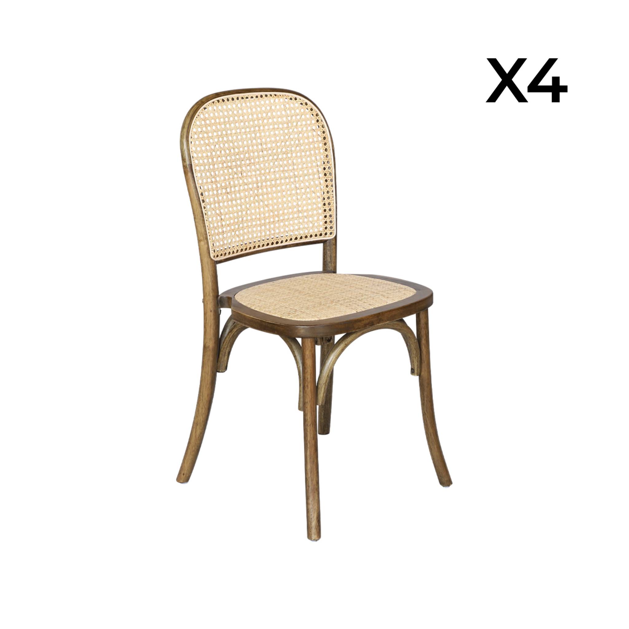 Lot de 4 chaises vintage en bois avec assise et dossier en rotin. coloris marron vieilli. L 44.5 x P 48 x H 89.5cm