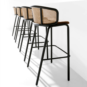 Taburete con reposabrazos tapizado en tela aterciopelada en marrón y respaldo de rattán en natural con estructura y patas en acero inoxidable negro 51x50x95cm