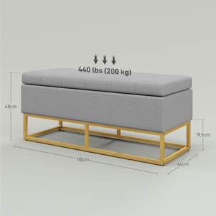 Baúl de Almacenaje para Dormitorio Puff de Almacenaje Tapizado de Lino Sintético con Tapa Abatible y Patas de Acero para Salón 110x44x48 cm Gris