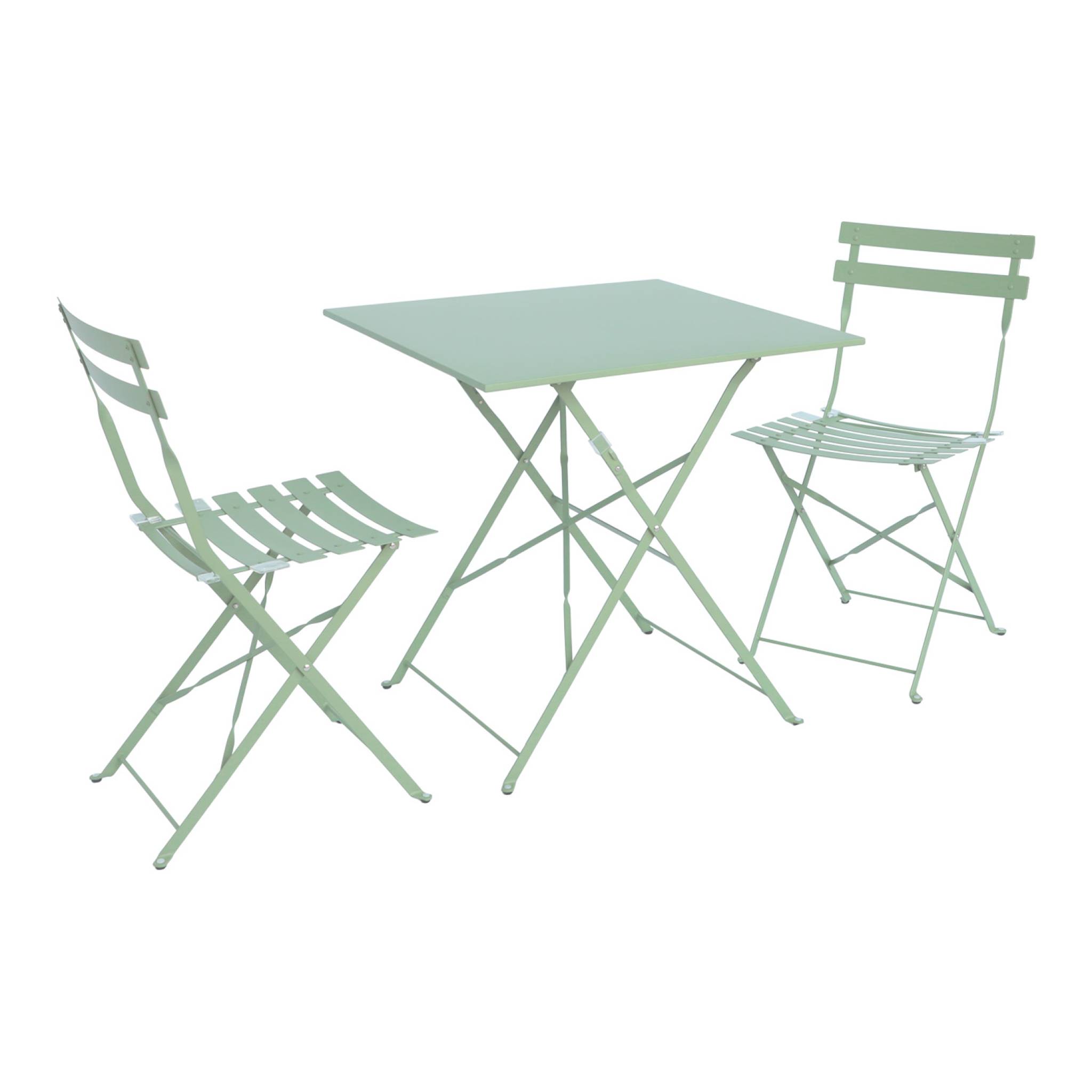 Table de jardin bistrot pliante métal + 2 assises vert de gris 70 x 70cm. acier thermolaqué