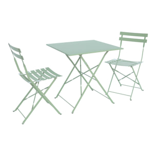 Table de jardin bistrot pliante métal + 2 assises vert de gris 70 x 70cm. acier thermolaqué