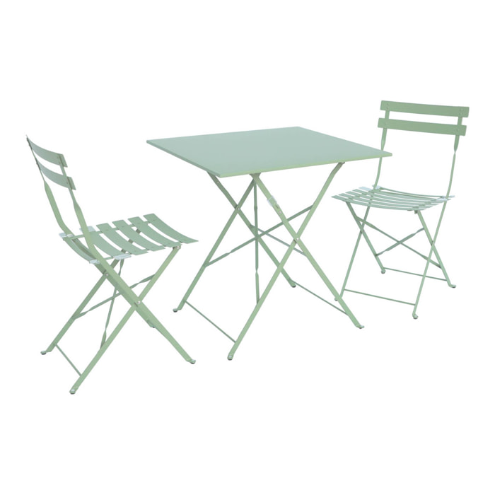 Table de jardin bistrot pliante métal + 2 assises vert de gris 70 x 70cm. acier thermolaqué