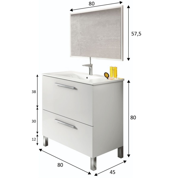 Mueble baño luis 1p1c 80cm color blanco brillo con espejo, sin lavabo