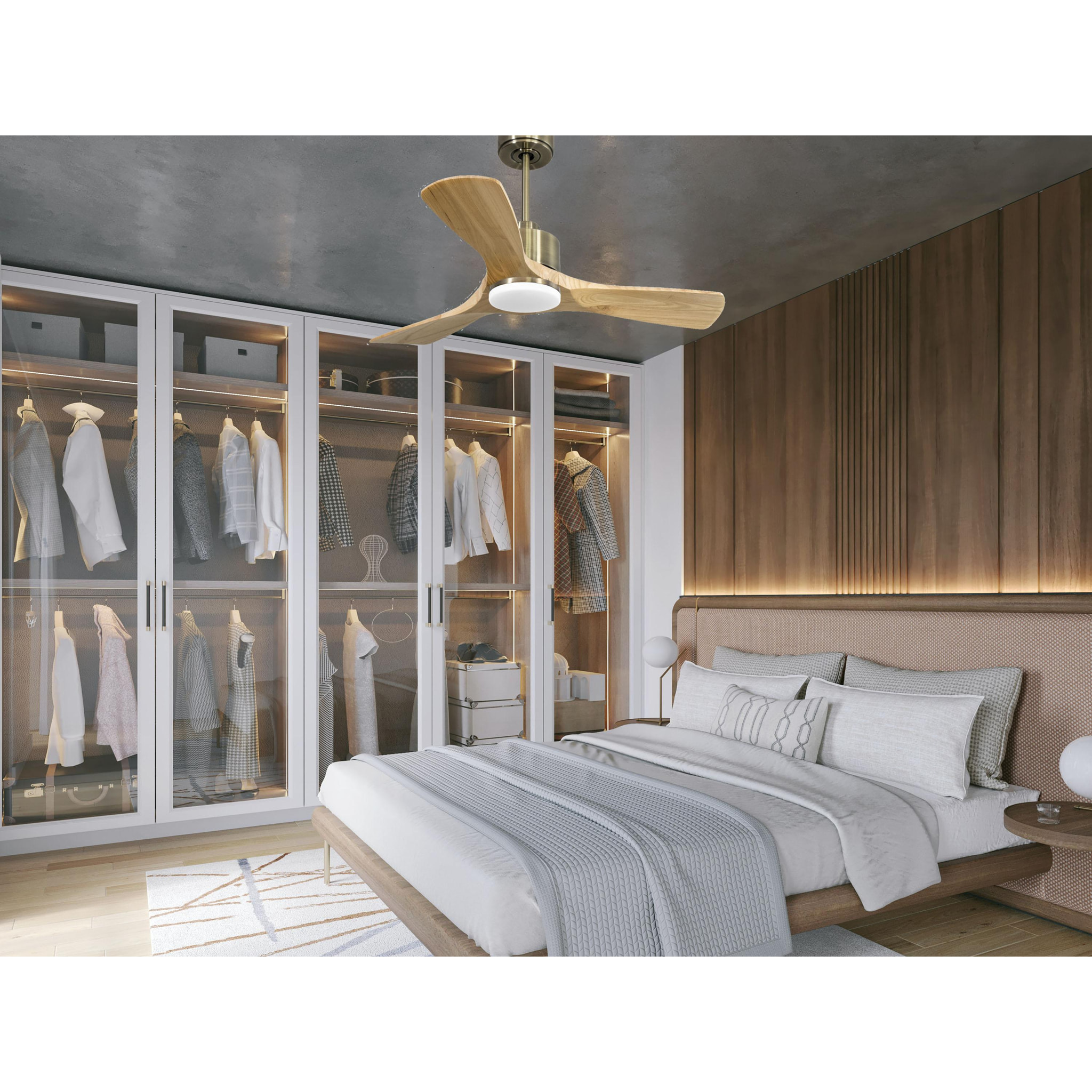 Ventilateur de plafond Réversible  Thermostat Dimmable Wifi Moteur à courant continu Toits en pente Télécommande Lumière à trois tons Hypersilence Mémoire