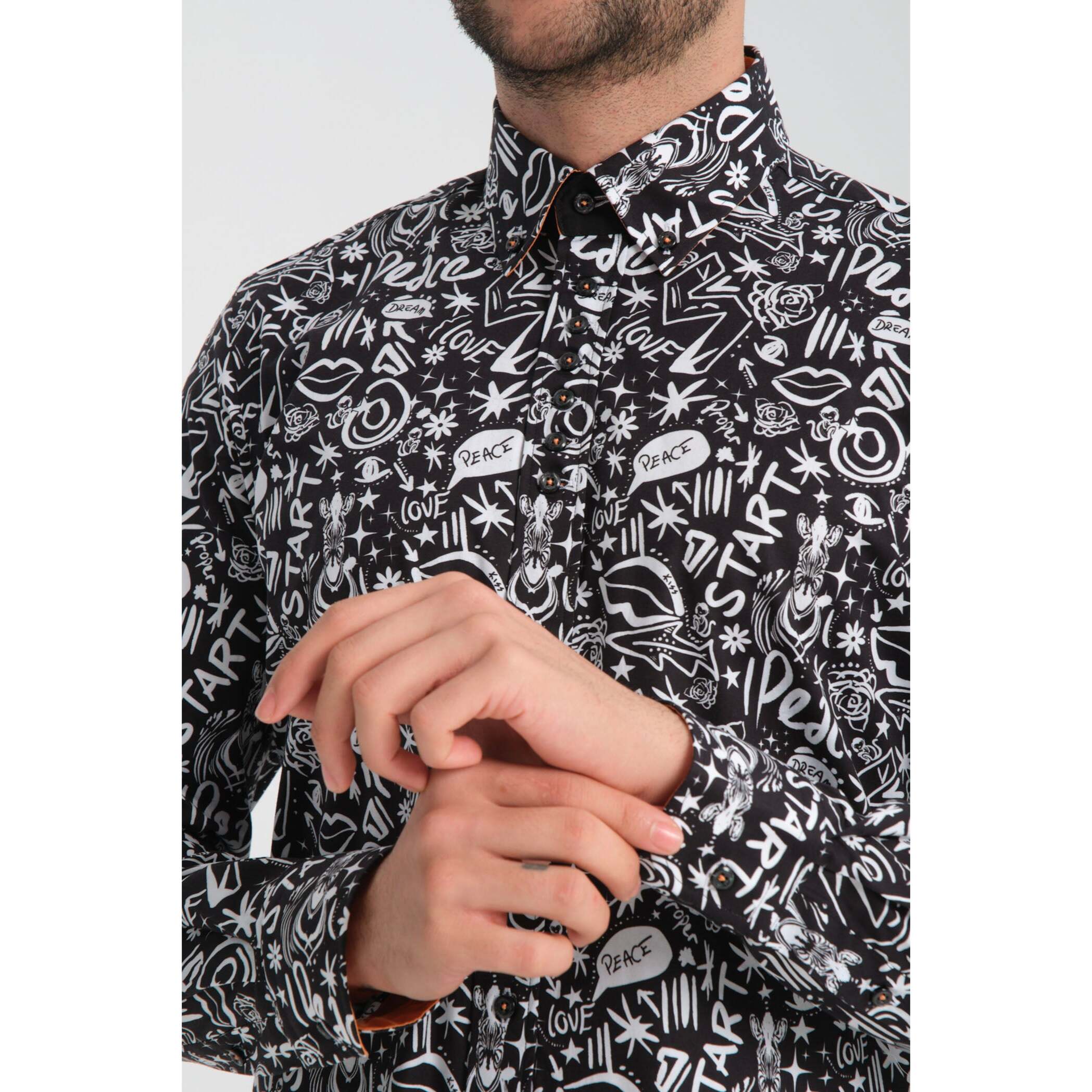 Camicia Uomo 1 Bottoni Button Down Slim Popeline Stretch Stampato Nero/Bianco