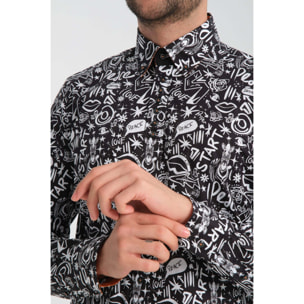 Camicia Uomo 1 Bottoni Button Down Slim Popeline Stretch Stampato Nero/Bianco