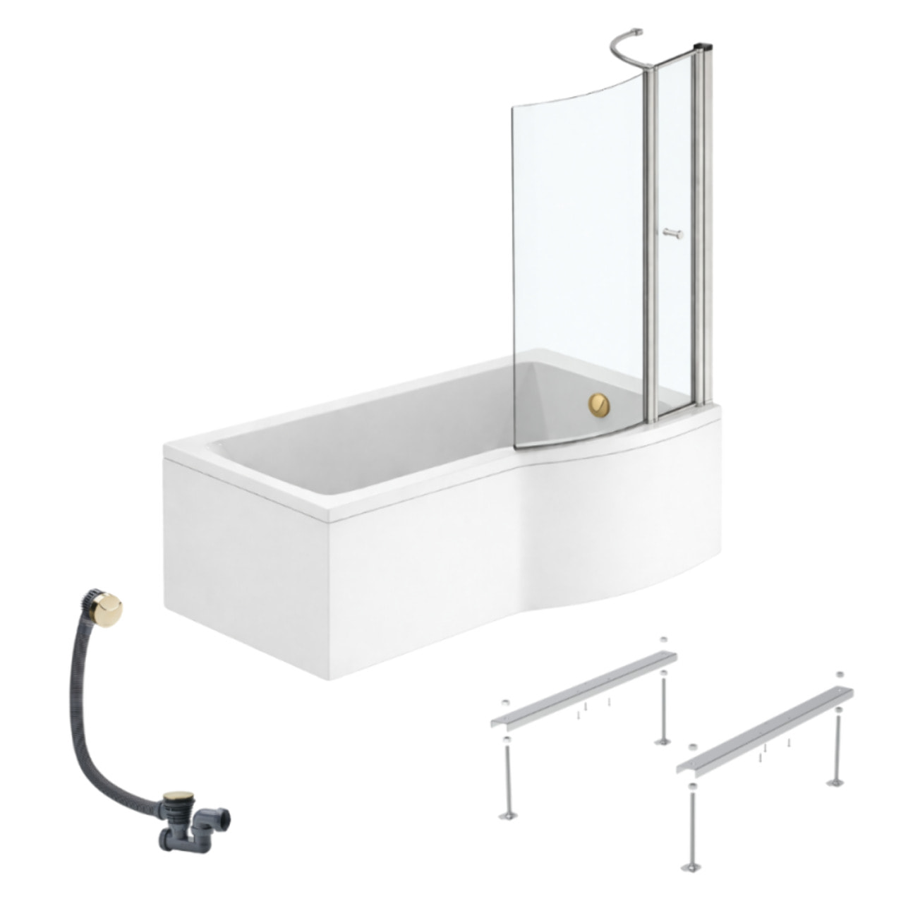 Pack baignoire bain douche 150 x 80 cm droite Connect Air + tablier + pare bain avec volet  + pieds + vidage Doré