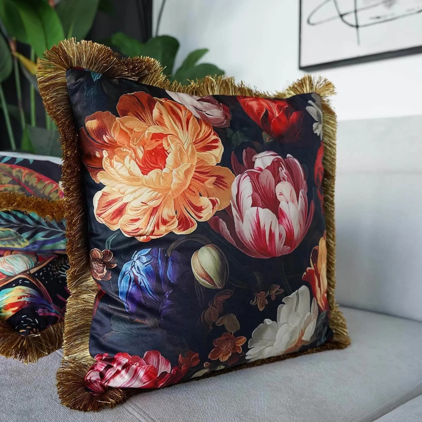 Coussin à franges pivoines Kare Design