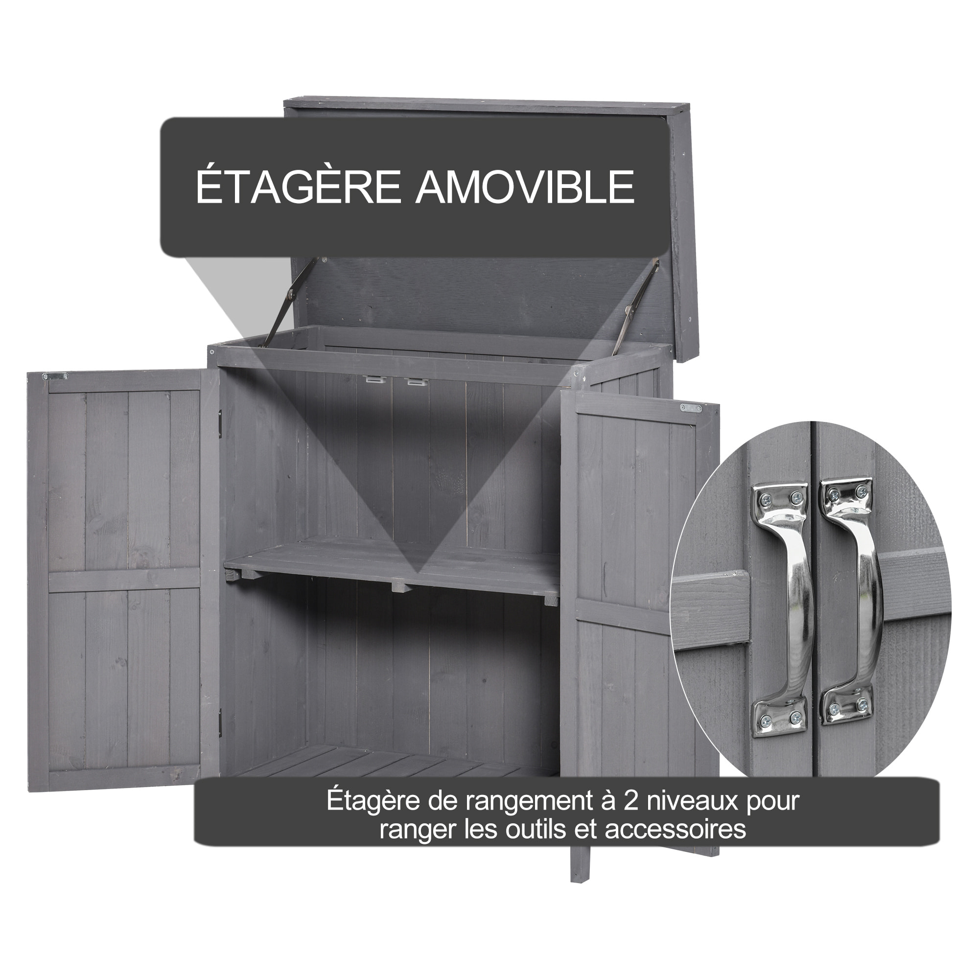 Armoire de jardin sur pied double porte étagère et toit bitumé relevable dim. 74L x 43l x 88H cm bois sapin gris