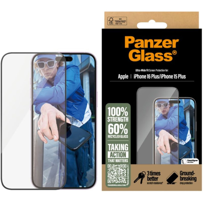 Protège écran PANZERGLASS iPhone 16 Plus verre trempé Ultra-Wide F