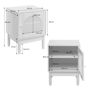 Table de chevet bohème bois et cannage naturel 1 porte 45 x 40 x 60 cm - Judith